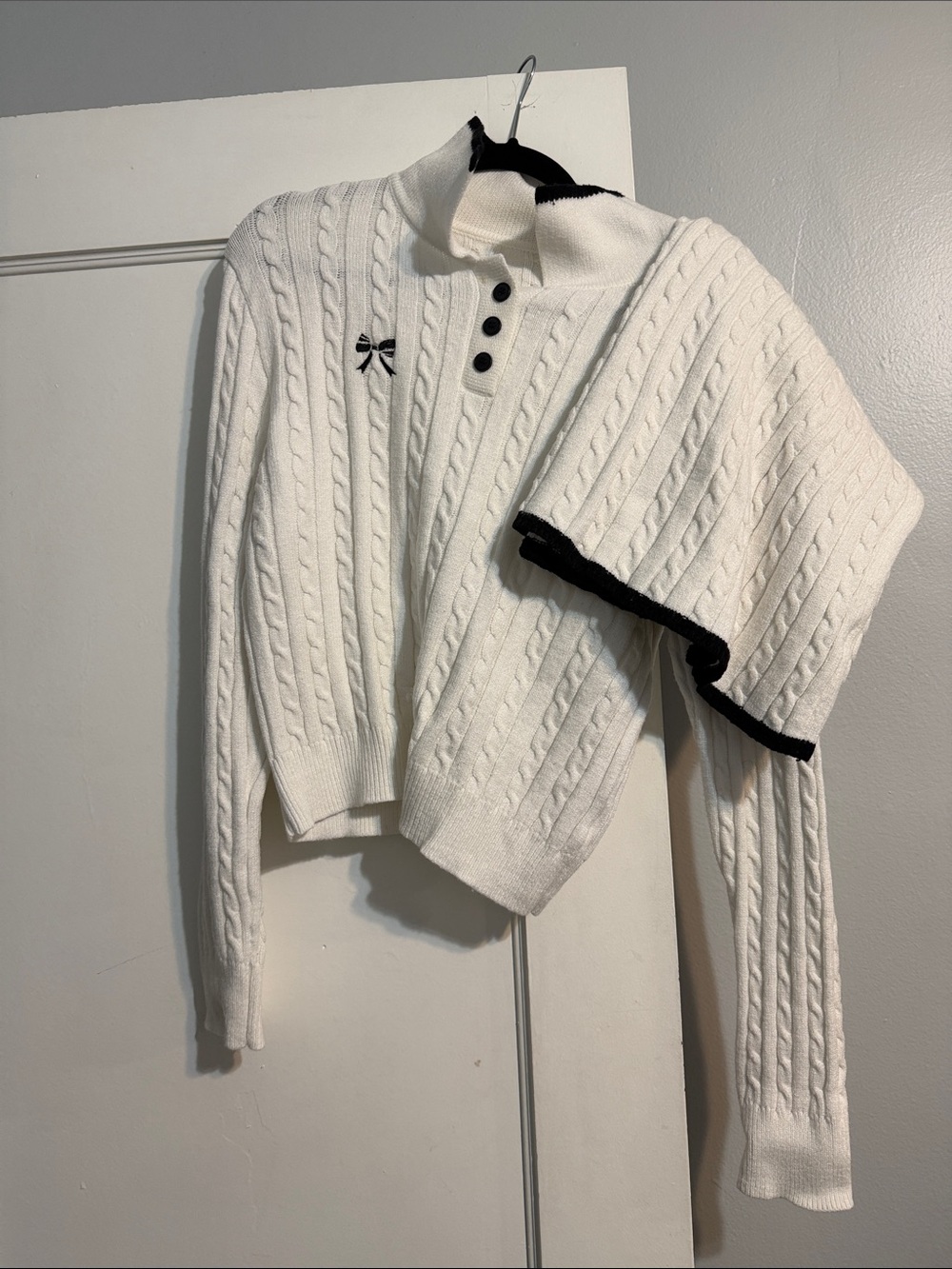 Cable Knit Mock Neck Sweater with Contrast Trim - White